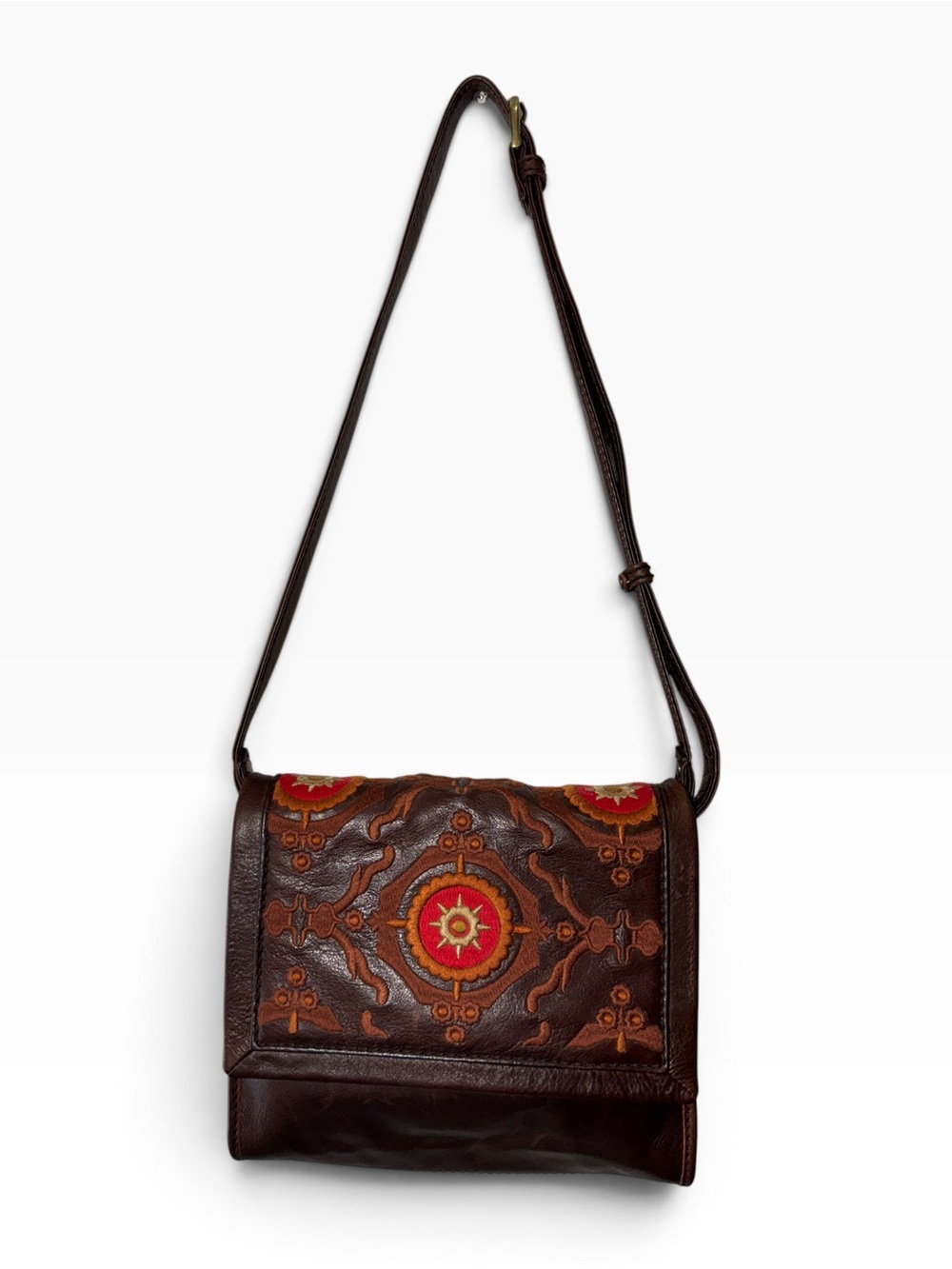 Isabella Fiore Leather Embroidered Mandala Crossbody Bag Brown